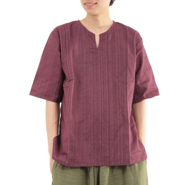 エスニック シャツ 半袖 ストライプ メンズ レディース ユニセックス キーネック アジアン サルエルパンツ M |  | 12