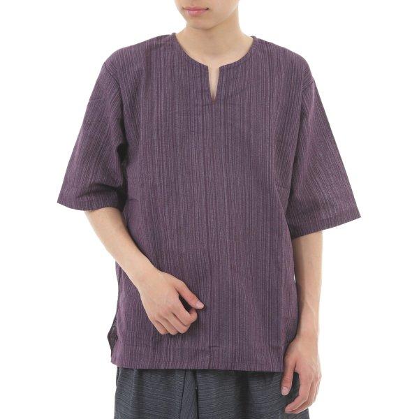 エスニック シャツ 半袖 ストライプ メンズ レディース ユニセックス キーネック アジアン サルエルパンツ M |  | 14