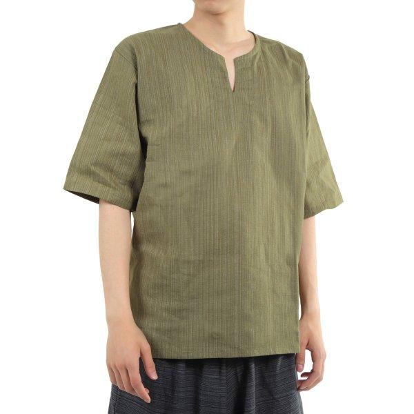 エスニック シャツ 半袖 ストライプ メンズ レディース ユニセックス キーネック アジアン サルエルパンツ M |  | 06