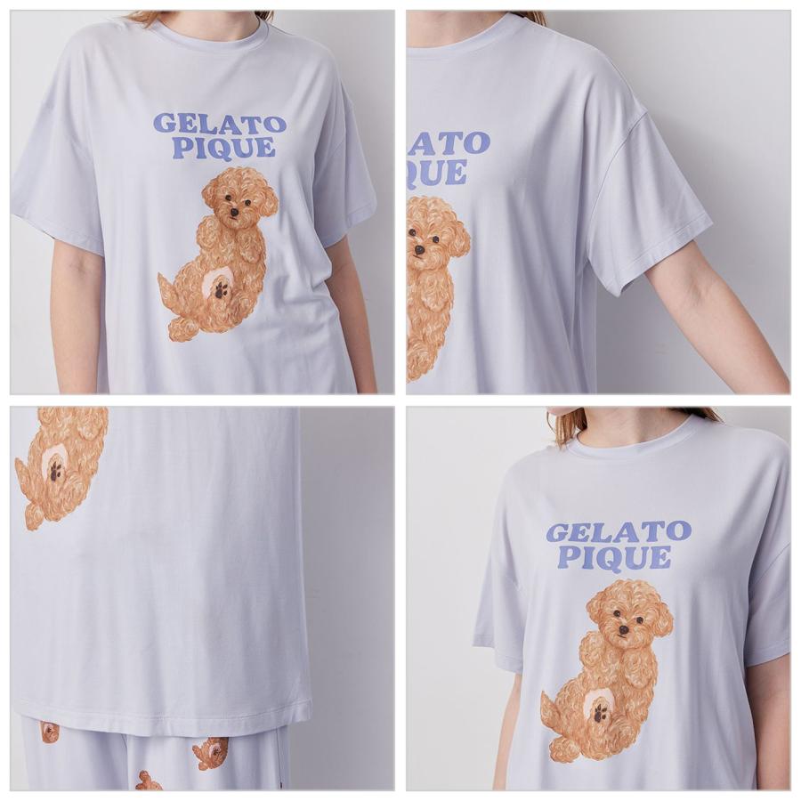 ジェラートピケ DOG柄ワンポイントTシャツ＆ストライプロングパンツ