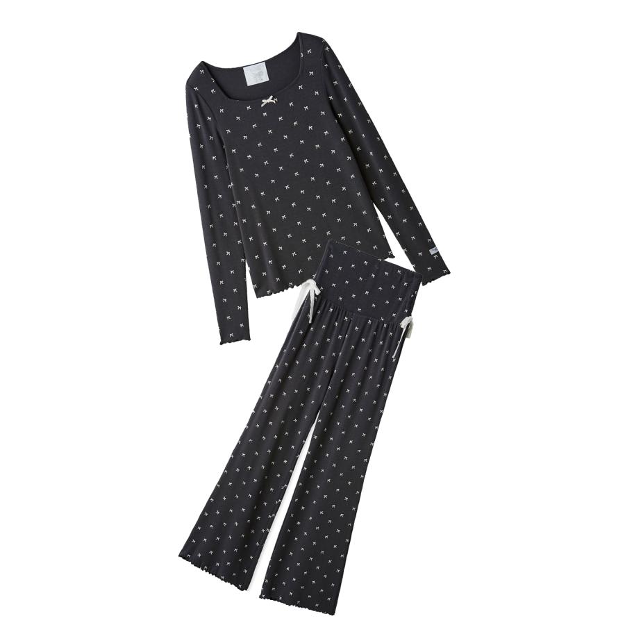 ジェラートピケ【限定品】リボン柄プルオーバー&ロングパンツ ジェラピケ 新品未使用 リボン柄 プルオーバー 上下セット 黒系