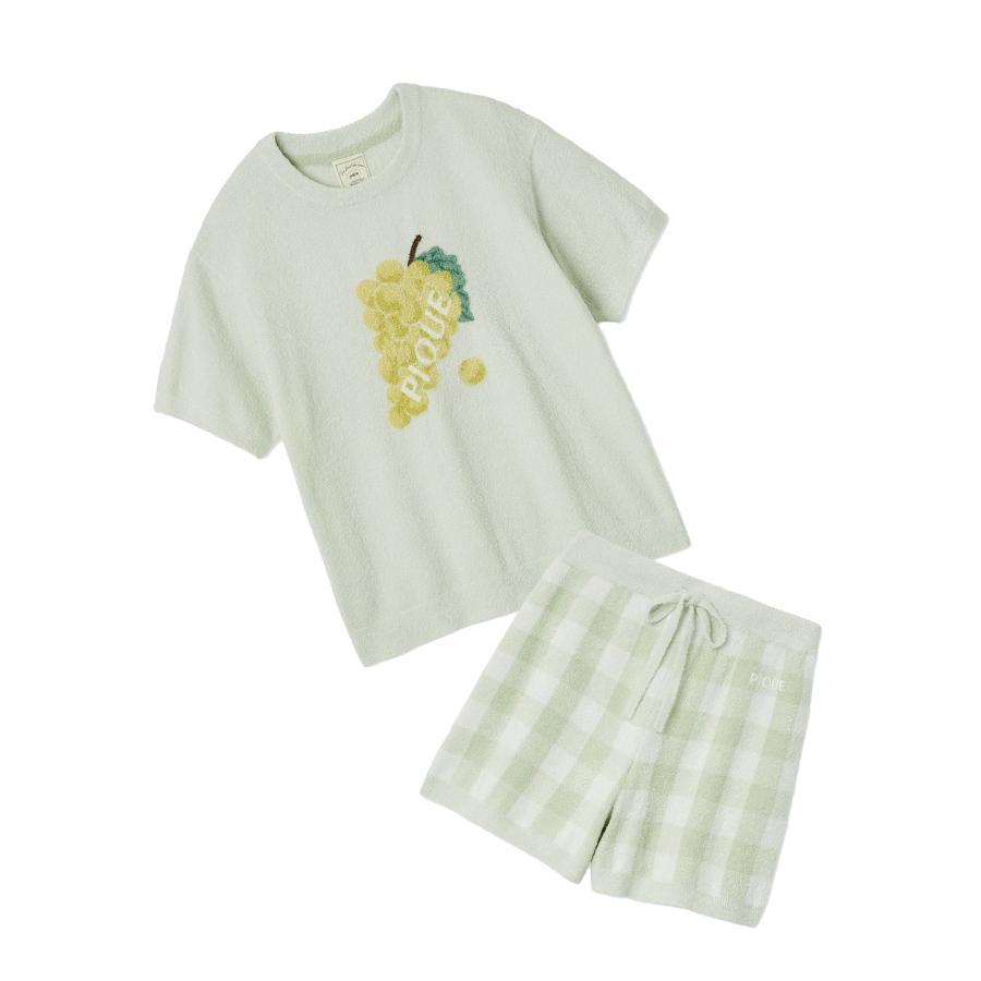 【新品】ジェラートピケフルーツプルオーバー&チェックショートパンツ　マスカット 新品】ジェラートピケフルーツプルオーバー&チェックショート