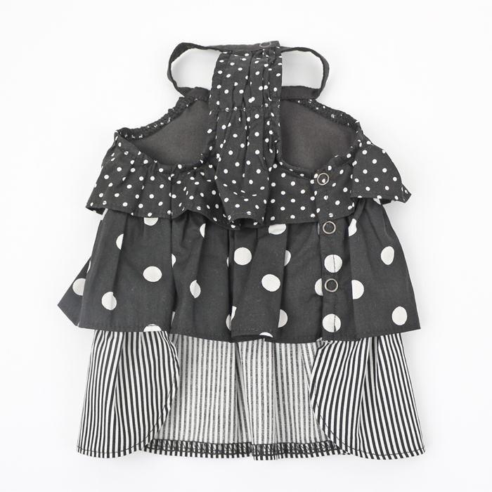 犬服　ドットフリフリワンピース　見本です　Blackベース 犬 服 3段フリルキャミ ワンピース ブラウス ドット×ストライプ 女の子