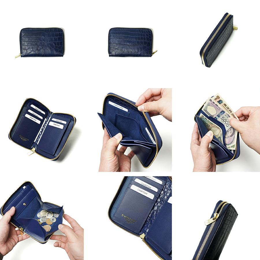 藍染め クロコダイルレザー ラウンドファスナーハーフ財布 ZWL8001 BAGGYPORT バギーポート メンズ レディース 二つ折り財布 ブランド 本革 ワニ革 鰐革 青の画像