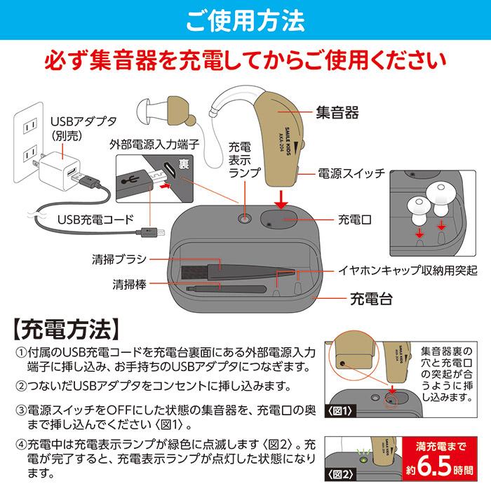 集音器 耳掛け式 充電式 耳かけ集音器2 AKA-204　補聴器 左右両用 ワイヤレス 小型 4段階 音量調整 USB充電 高齢者 プレゼント ギフト | 旭電機化成 | 03