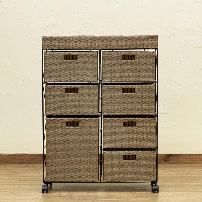 サカベ ラタン調 チェスト 収納ラック ランドリー収納 4段ワイド BR/IV