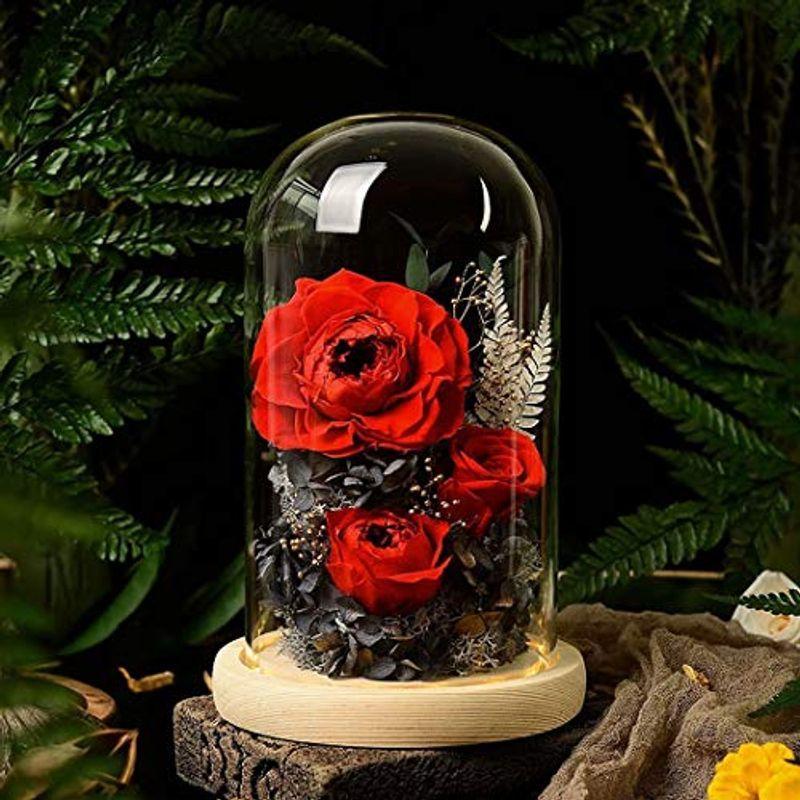 プリザーブドフラワー バラ 可愛い レッドローズ 薔薇 3カラー 花 LEDライト付き 木製ベース ガラスドーム ブリザードフラワー ロマン