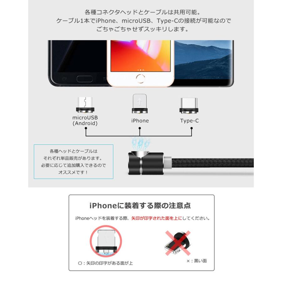 充電ケーブル iphone L型 マグネット android microUSB Type-C マグネットタイプ （2m L字型ケーブルのみ） 磁石 マグネットタイプケーブル 断線しにくい y1｜senastyle｜10