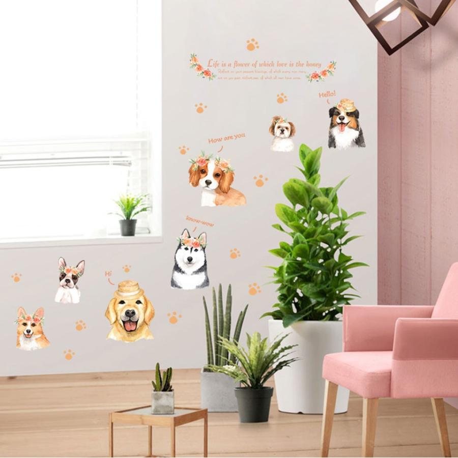 ウォールステッカー 犬 いぬ ドッグ 花 肉球 あしあと 英字 英文 英語 花冠 帽子 お花と7匹の犬 貼ってはがせる 北欧 インテリアシール Wch 310 セナスタイル 通販 Yahoo ショッピング
