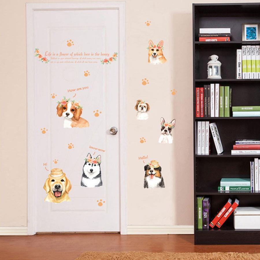 ウォールステッカー 犬 いぬ ドッグ 花 肉球 あしあと 英字 英文 英語 花冠 帽子 お花と7匹の犬 貼ってはがせる 北欧 インテリアシール Wch 310 セナスタイル 通販 Yahoo ショッピング
