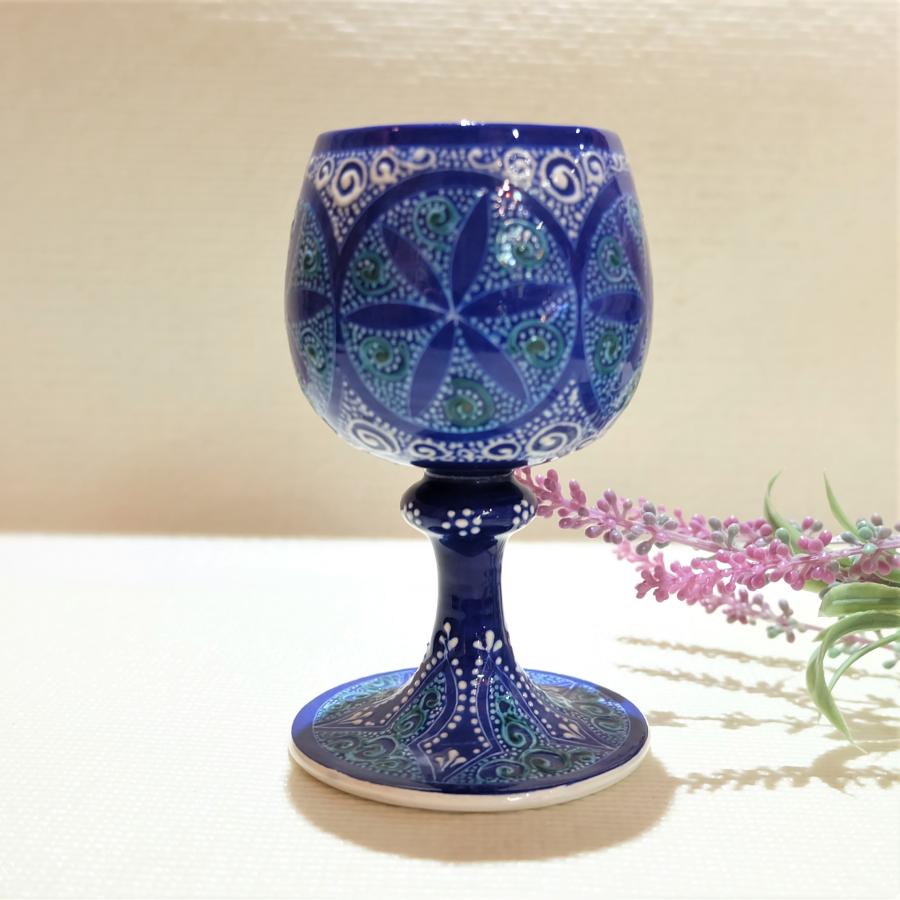 トルコ陶器 置き物 ワイングラス トルコブルー ハンドメイド 結婚・新築・記念品・誕生日 母の日・父の日・敬老の日プレゼントNO20の画像