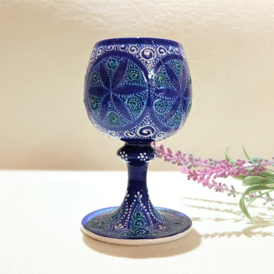 トルコ陶器 置き物 ワイングラス トルコブルー ハンドメイド 結婚・新築・記念品・誕生日 母の日・父の日・敬老の日プレゼントNO20の画像