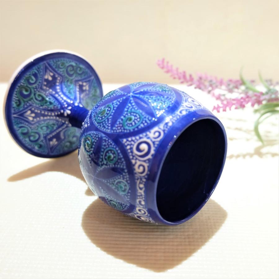 トルコ陶器 置き物 ワイングラス トルコブルー ハンドメイド 結婚・新築・記念品・誕生日 母の日・父の日・敬老の日プレゼントNO20の画像