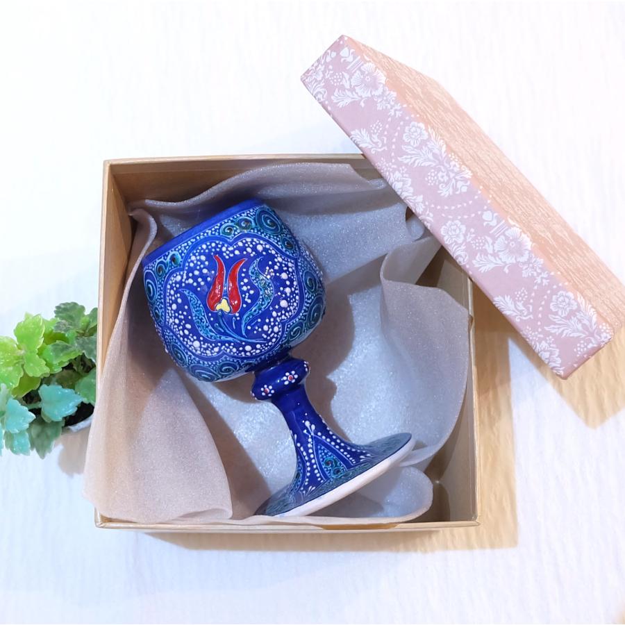 トルコ陶器 置き物 ワイングラス トルコブルー ハンドメイド 結婚・新築・記念品・誕生日 母の日・父の日・敬老の日プレゼントNO20の画像