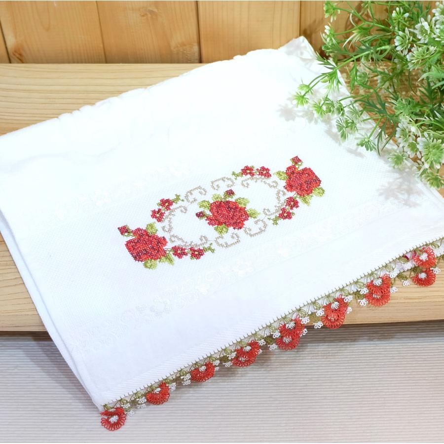 トルコ刺繍 ハンドメイド トルコ雑貨 OYA オヤ付きタオル 可愛い コットン 刺繍 花柄 母の日
