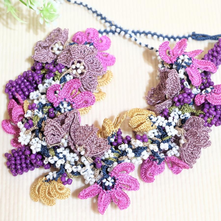 トルコ刺繍 ピンク花 ネックレス ピアス