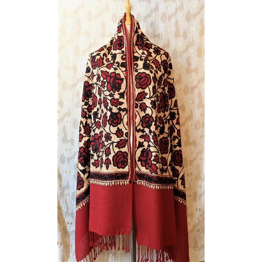 激安セール 艶やかな刺繍ストール 刺繍 ウールストールno12 お出掛け 大判 ローズ柄 レッド ハンドメイド エキゾチック 艶やか 財布 帽子 ファッション小物 Affaires Sociales Gouv Cg