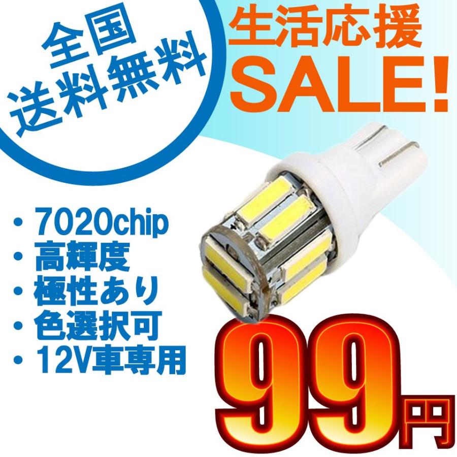 T10 LED バルブ ウェッジ球 SAMSUNG製 7020 10連 ポジションランプ ナンバー灯 色選択可 1本売り 送料無料[M便 0/1]｜sendaizuihouen-store