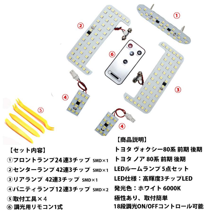 LEDルームランプ トヨタ ヴォクシー80系 ノア80系 エスクァイア ZWR80 ZRR80 前期 後期 ホワイト 16段調光タイプ リモコン付 専用設計 132発 5点セット 送料無料｜sendaizuihouen-store｜02