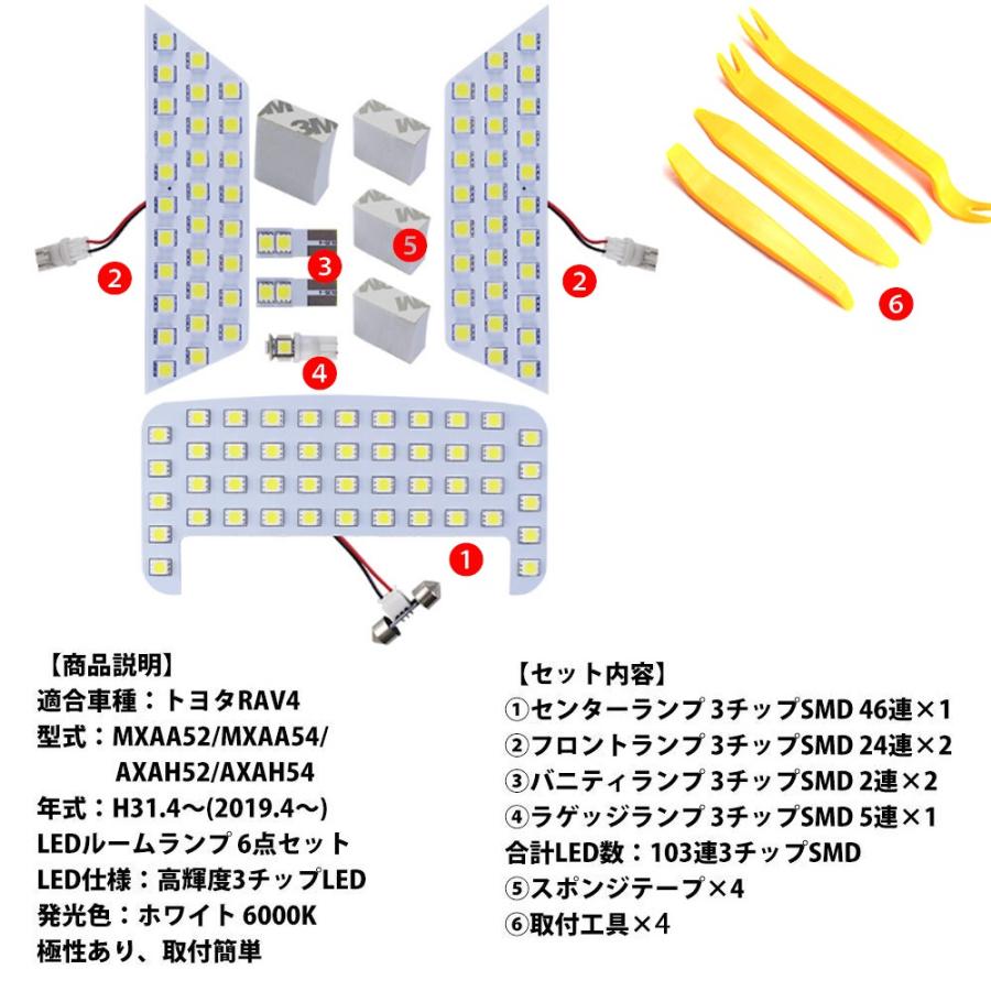 LEDルームランプ トヨタ 新型RAV4 50系 MXAA5他 ホワイト 専用設計 103発 6点セット 送料無料｜sendaizuihouen-store｜02