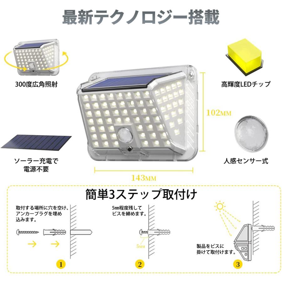 LEDセンサーライト ソーラーライト 90LED 3つの点灯モード 人感