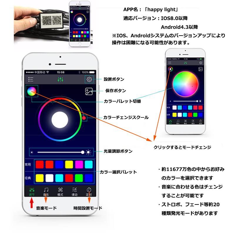 LEDフットランプキット RGB フルカラー スマホ操作 音楽連動 LEDテープ 22cm 防水 イルミネーション ブルートゥース IOS/android 送料無料｜sendaizuihouen-store｜04