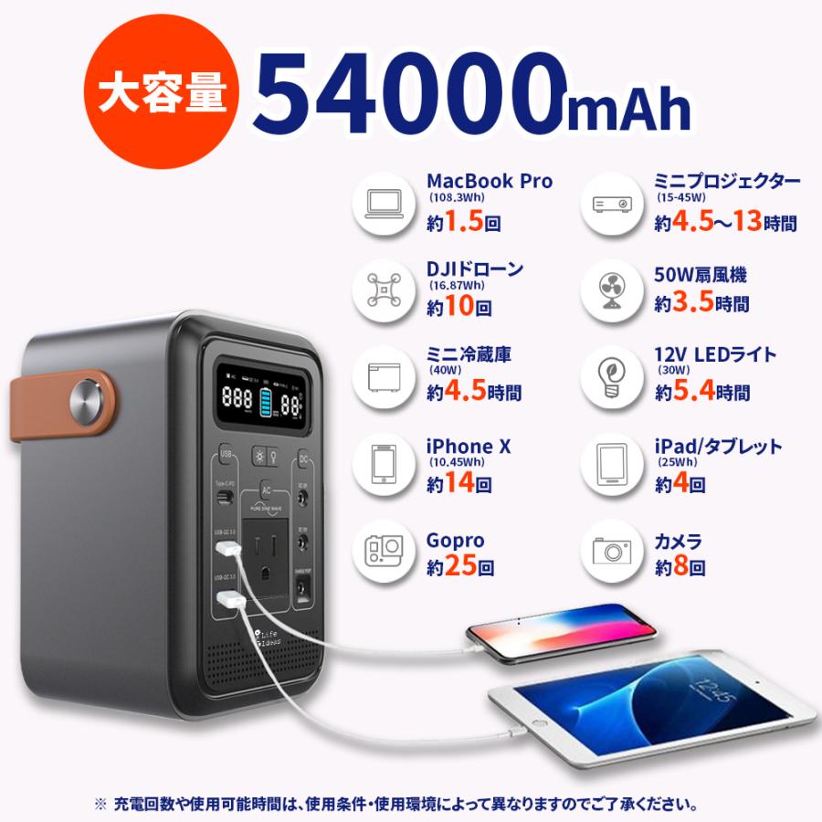 ポータブル電源 ジャンプスターター 200WH 54000mAh AC出力150W 正弦波 QC3.0/18W出力 PD60W入出力 LEDライト付 アウトドア 非常用 停電 防災 行楽 送料無料｜sendaizuihouen-store｜04