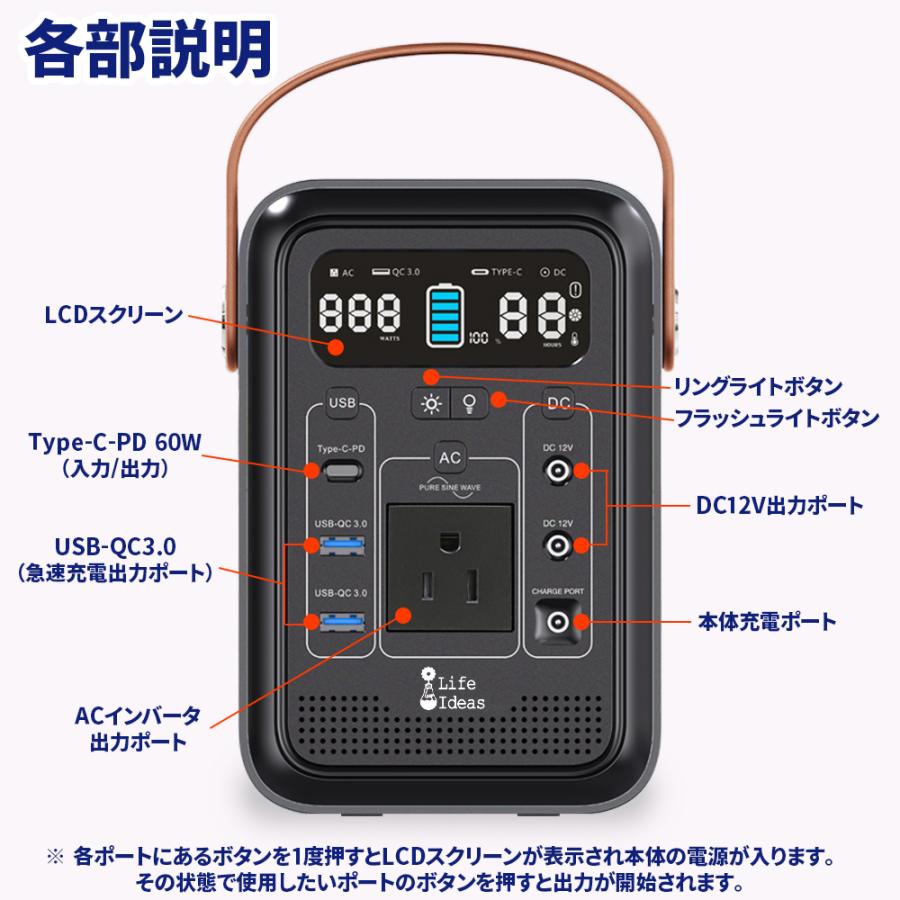 ポータブル電源 ジャンプスターター 200WH 54000mAh AC出力150W 正弦波 QC3.0/18W出力 PD60W入出力 LEDライト付 アウトドア 非常用 停電 防災 行楽 送料無料｜sendaizuihouen-store｜09