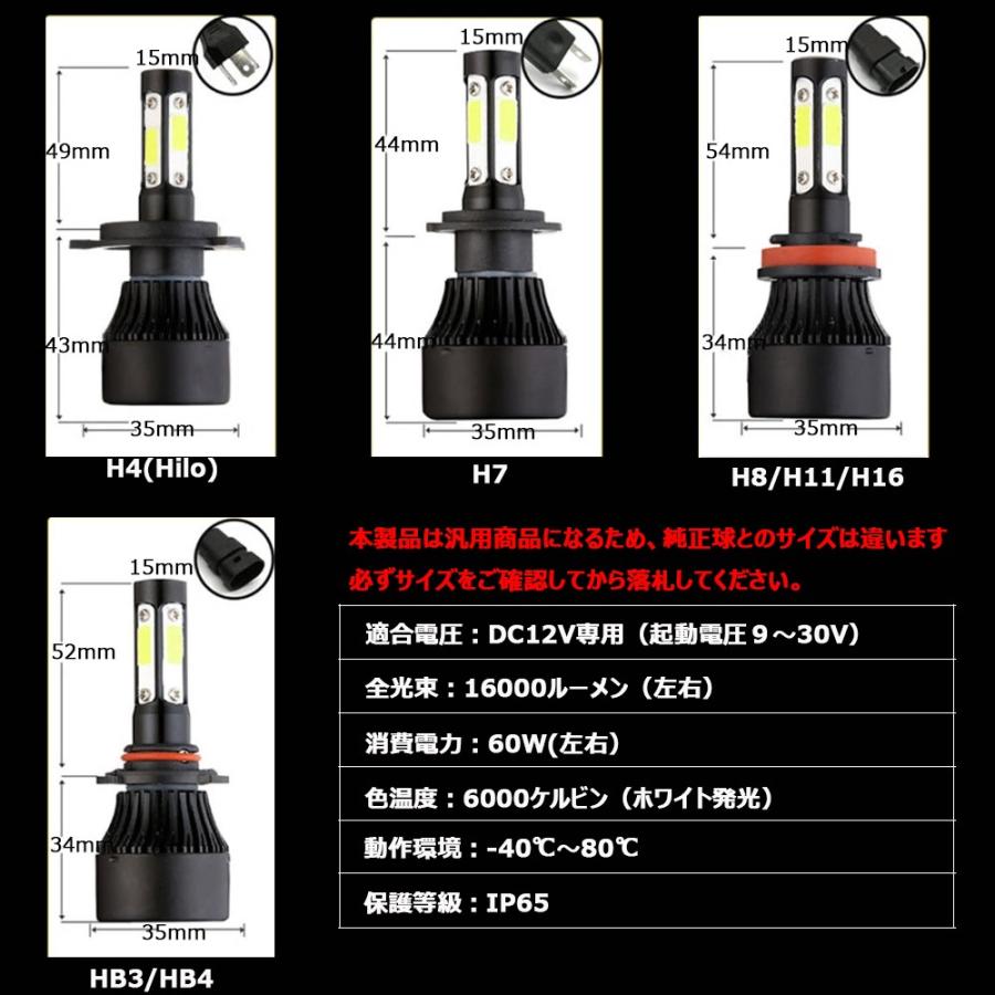 LEDヘッドライト 4S フォグランプ H4 H7 H8/H11/H16 HB3 HB4 DC12V 60W 16000ルーメン 6000K ホワイト 4面発光 2本セット 送料無料｜sendaizuihouen-store｜09