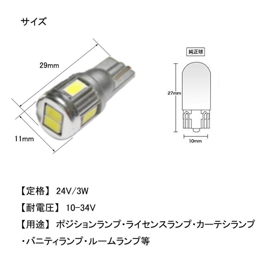 LEDバルブ T10 24V車専用 サムスン5630 チップ6連SMD ウェッジ シングル 180ルーメン 6500K 2個セット 送料無料[M便 0/1]｜sendaizuihouen-store｜02