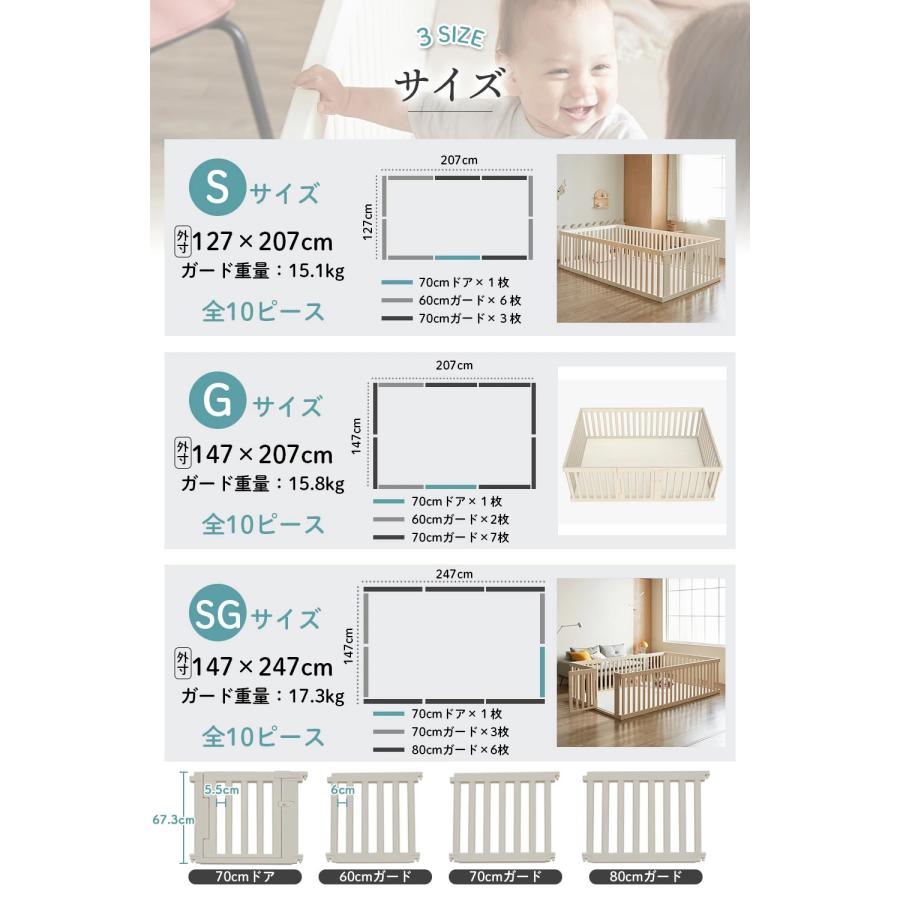 ベビーサークル 安全ロック付き 木製 風 (Sサイズ 127×207cm) 在宅育児 
