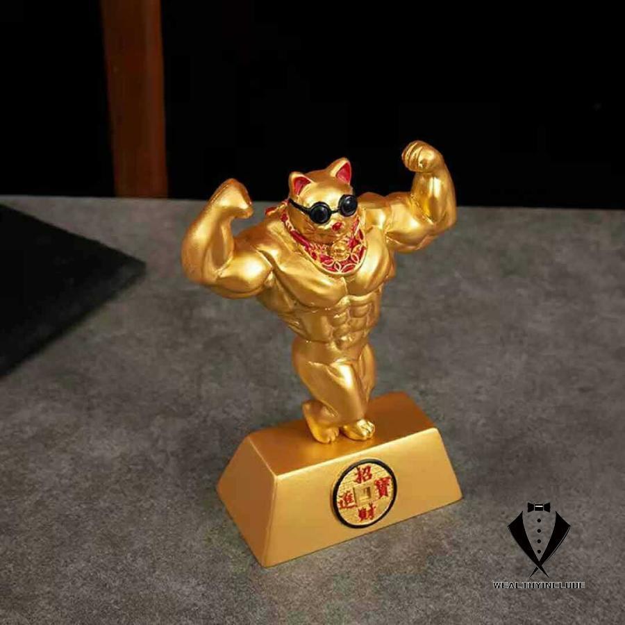 風水 置物 マッスル 招き猫 ダブルバイセップス ゴールド 招財 劫財 金