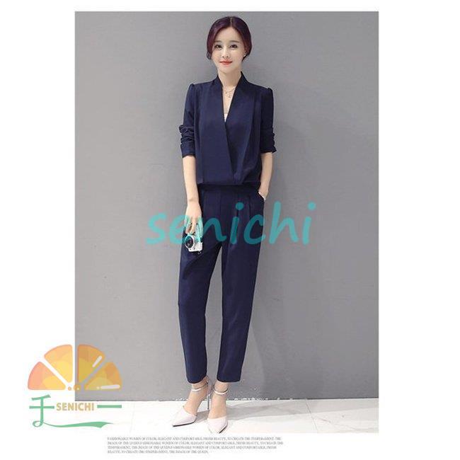 パンツスーツ 2点セット セットアップ Vネック 体型カバー 着痩せ