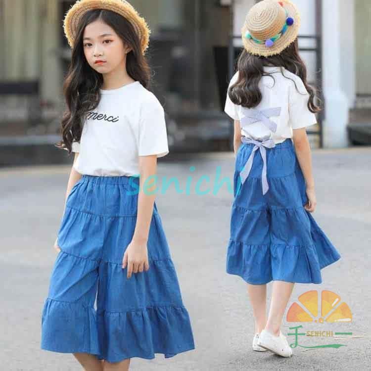 子供服 ２点セット トップス ガウチョパンツ 夏 白tシャツ ジーンズズボン 五分丈パンツ 半袖 デニム パンツ セットアップ カジュアル ゆったり 可愛い Dora0918 Koto418 千一 通販 Yahoo ショッピング