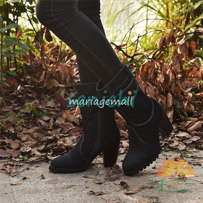 ブーツ レディース ミドルブーツ シンプル ミドル デニム 黒 ショート