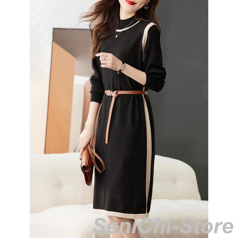 ニットワンピース ロング丈 秋 冬 レディース ワンピース 長袖 秋冬 ストライプ ハイネック 体型カバー 上品 ママワンピース お洒落 上品 コーデ 30代 40代 50代 ニットワンピース ロング丈 秋 冬 レディース ワンピース 長袖 秋冬