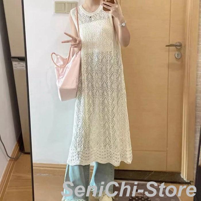 ロングベスト レディース ロングジレ 透かし編み シアー サマーニット