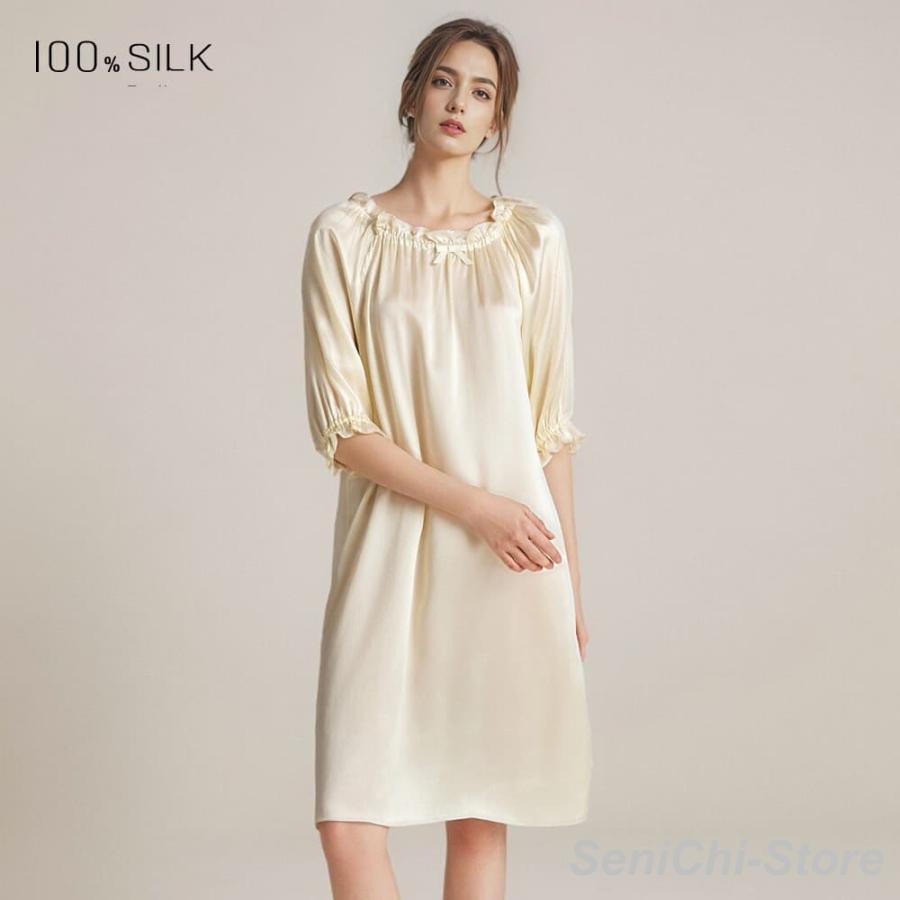 ネグリジェ シルク 100% ルームワンピース 6A天然シルク 16匁 半袖 パフスリーブ 女性用 レディース シルク100%の画像