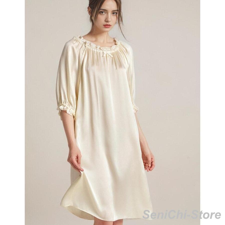 ネグリジェ シルク 100% ルームワンピース 6A天然シルク 16匁 半袖 パフスリーブ 女性用 レディース シルク100%の画像