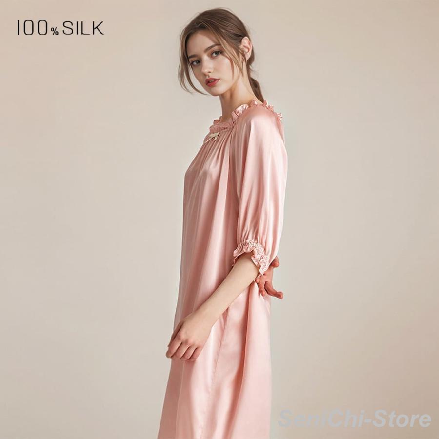 ネグリジェ シルク 100% ルームワンピース 6A天然シルク 16匁 半袖 パフスリーブ 女性用 レディース シルク100%の画像