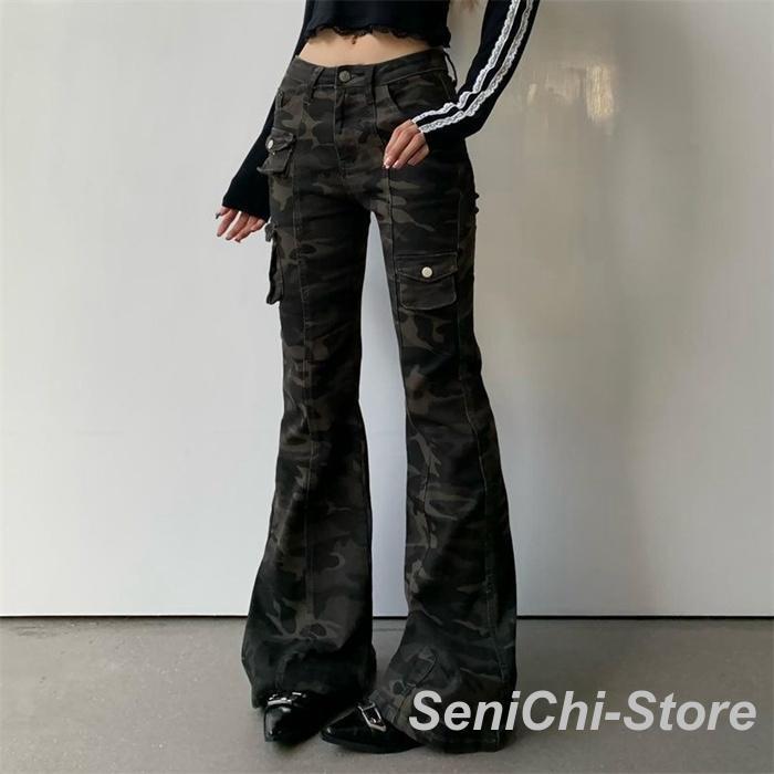 迷彩パンツ レディース フレアデニム ベルボトム カモフラ ワイド
