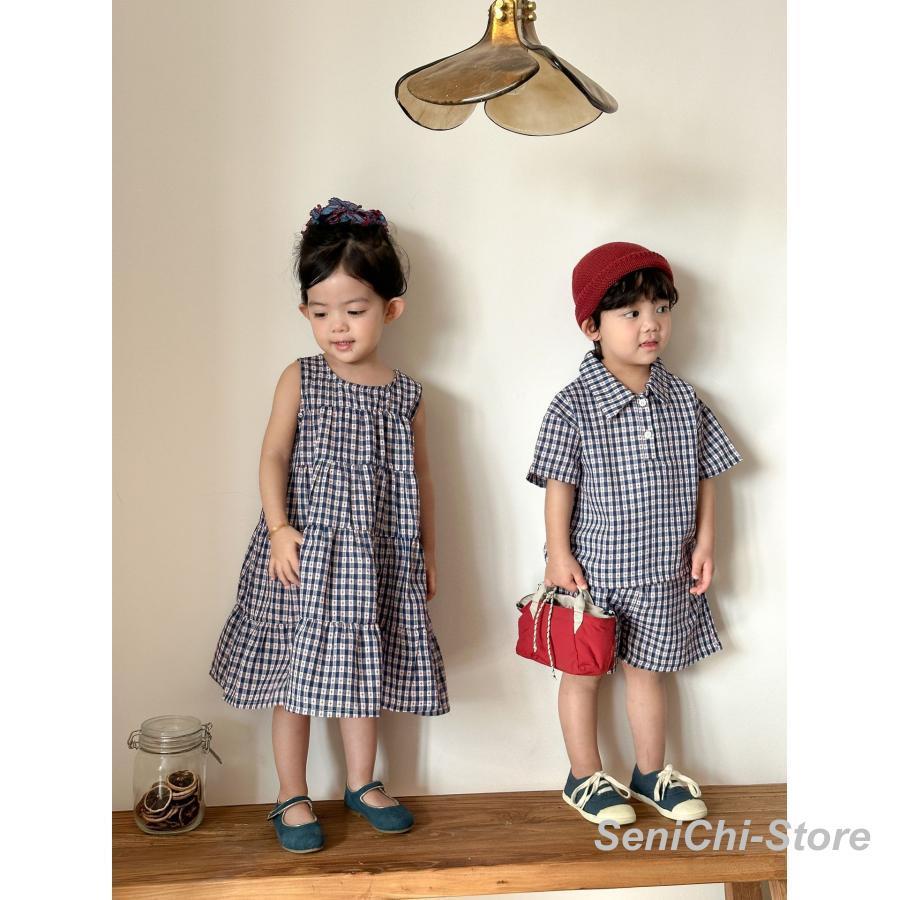 イルマさまキッズ服 ワンピースとショートパンツセット セットアップ キッズ ワンピース チェック柄 女の子 男の子 上下セット