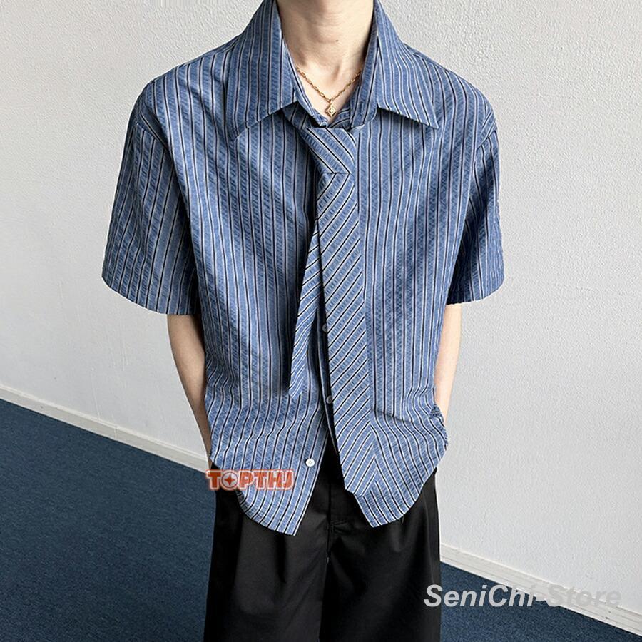 メンズ 夏新作 ボーダー柄 ネクタイ付き 半袖シャツ おしゃれ