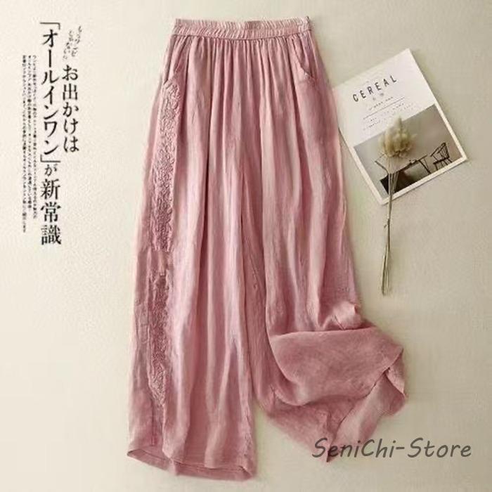 綿麻 ワイドパンツ 夏 レディース サルエルパンツ リネン混 九分丈 花