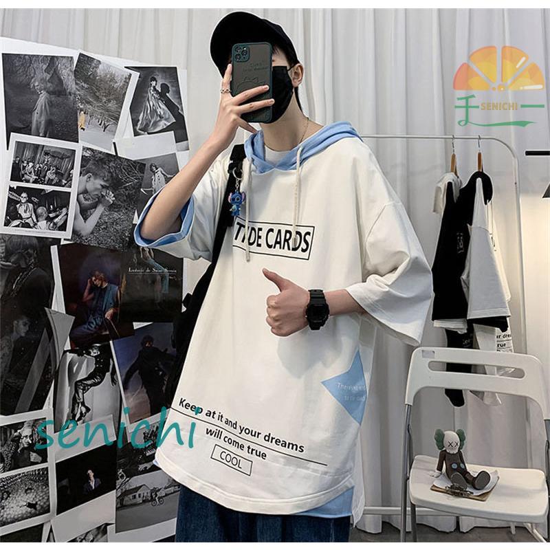 Tシャツ 7分袖 メンズ 七分丈tシャツ 英字 フード付き おしゃれ 着重ね
