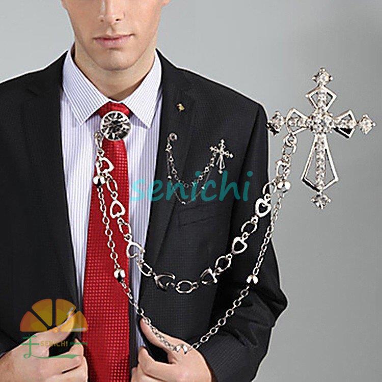 ブローチ スーツブローチ アクセサリー チェーン クロス 十字架 ライン