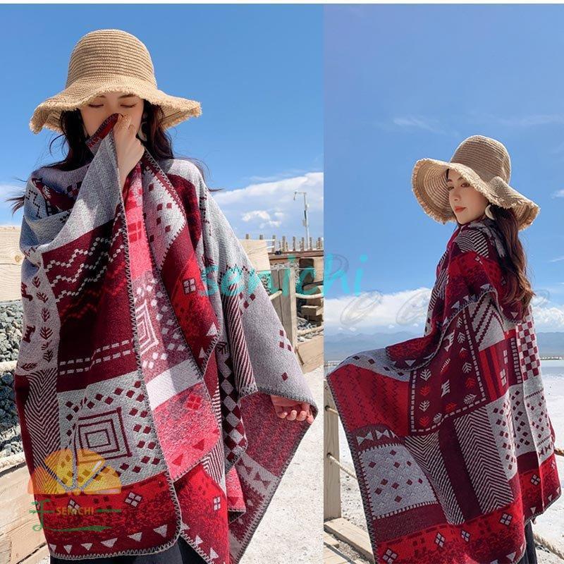 ショール レディース ストール 大判 総柄 千鳥柄 ポンチョ 羽織り 厚手