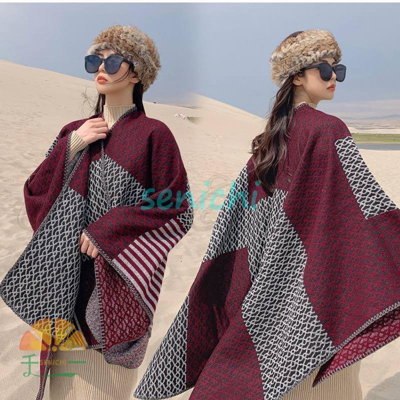 ショール レディース ストール 大判 総柄 千鳥柄 ポンチョ