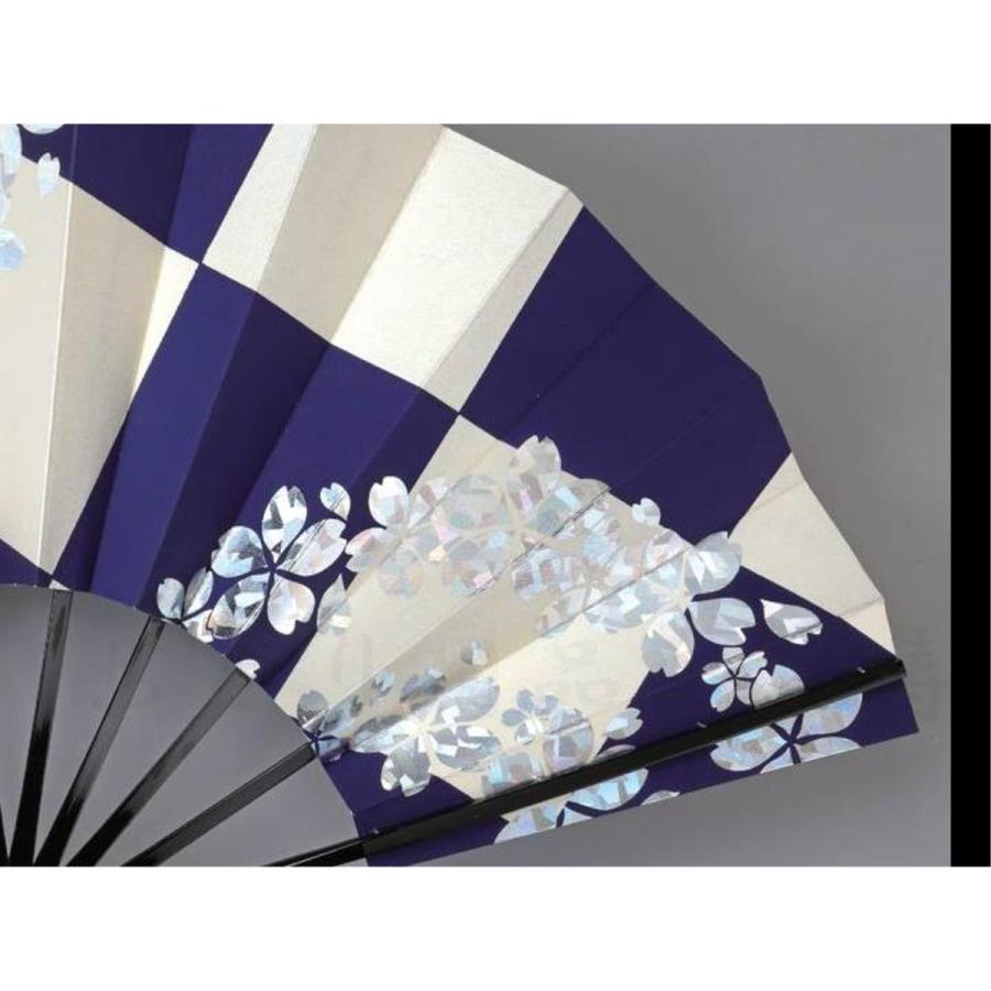 舞扇子 日本舞踊 踊り用 銀ホログラム箔、桜、紺 黒塗骨 京扇子 箱なし