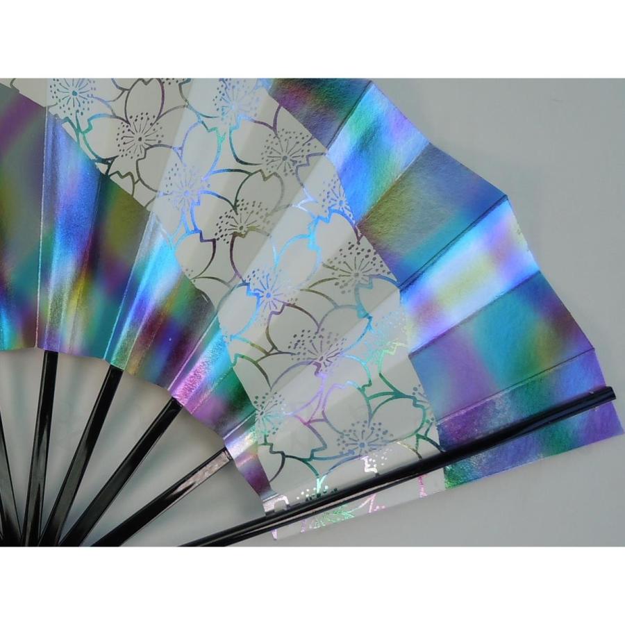 舞扇子 日本舞踊、踊り用 29cm レインボー箔、桜柄 黒塗骨 京扇子 箱